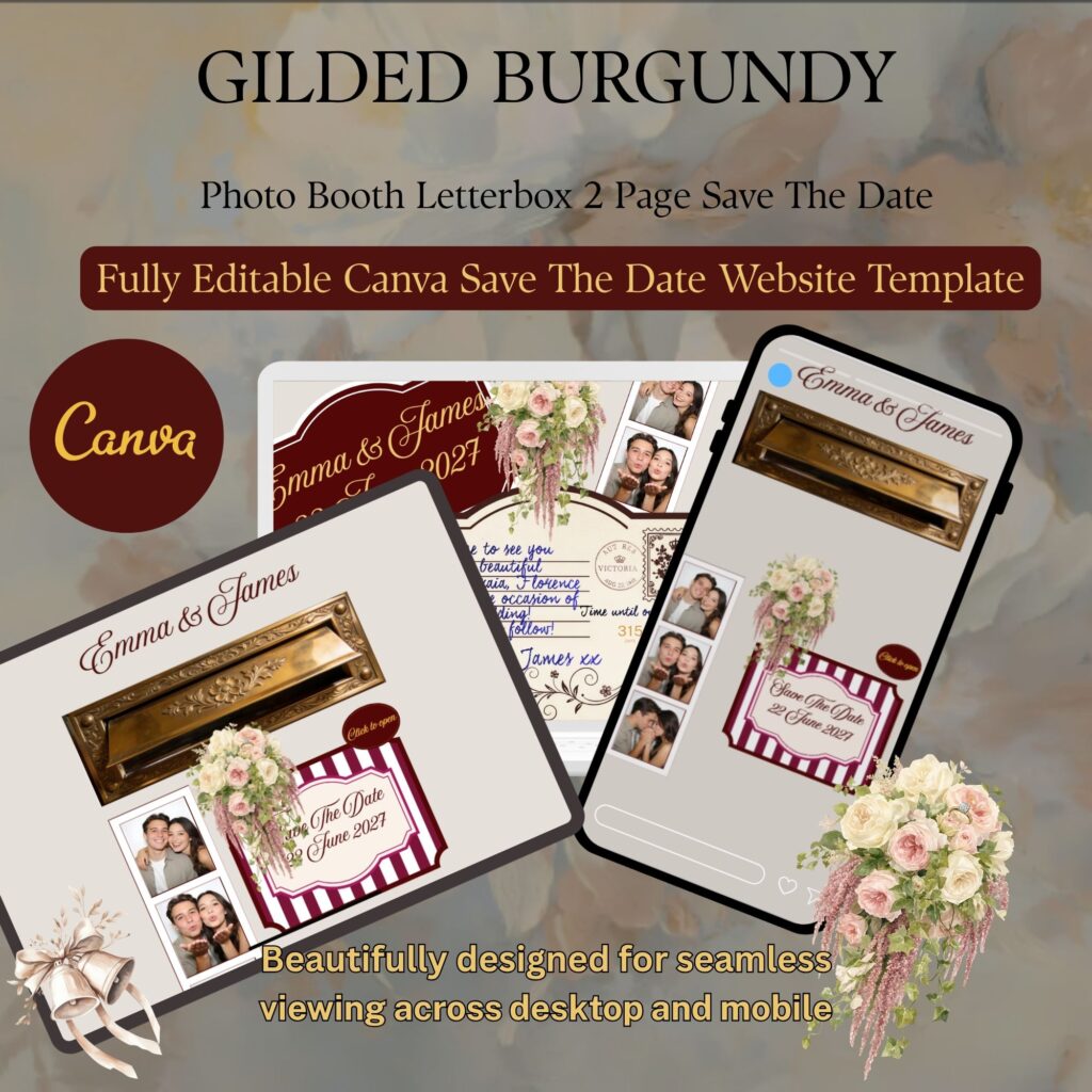 Gilded Burgundy letterbox photo booth save the date wedding website Canva template
