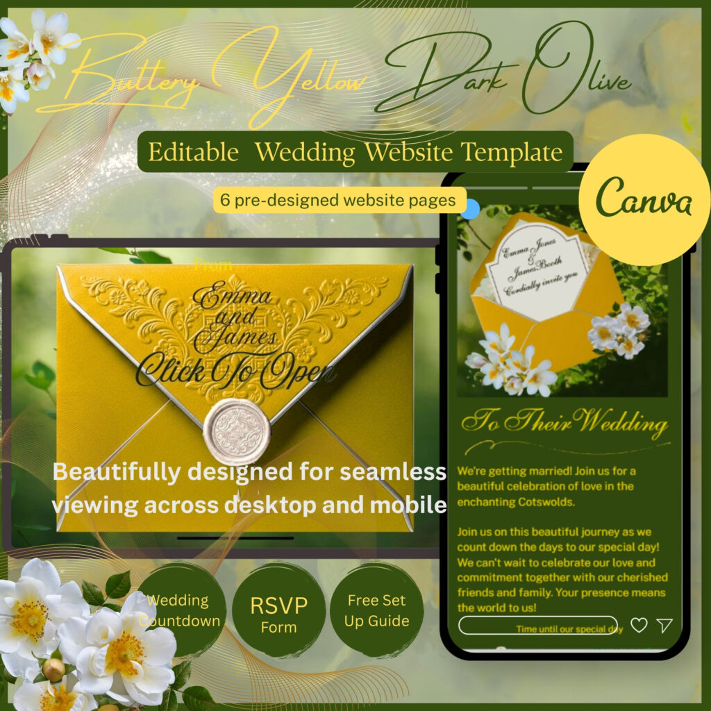 Buttery yellow and olive green wedding website Canva template