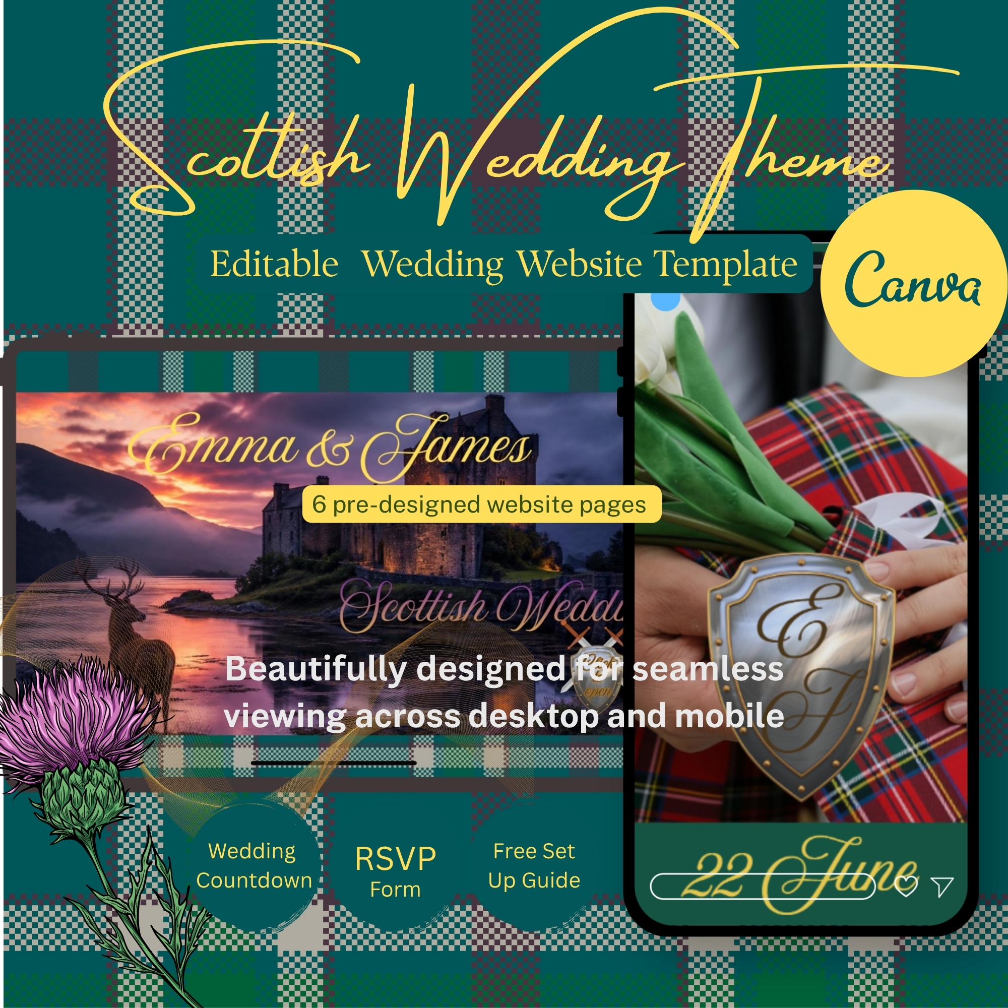Auld Castle Scottish old money wedding website template with castle ruin backdrop