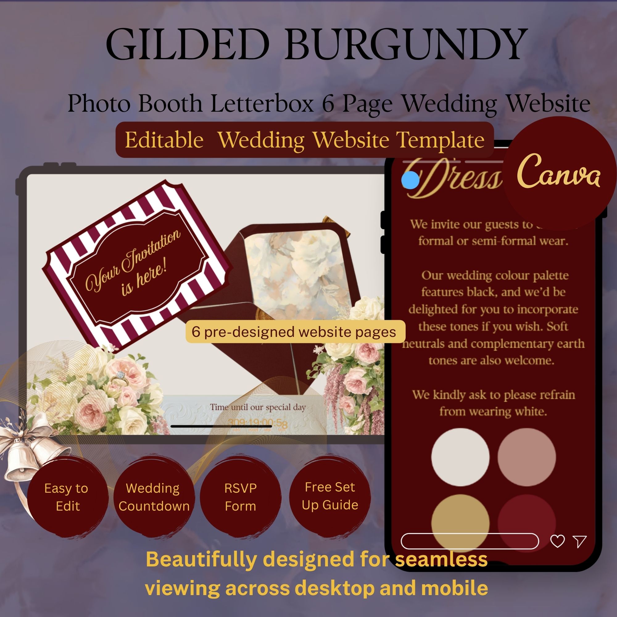 Gilded Burgundy luxury wedding website template on a laptop, showing the letterbox photo reveal on the homepage