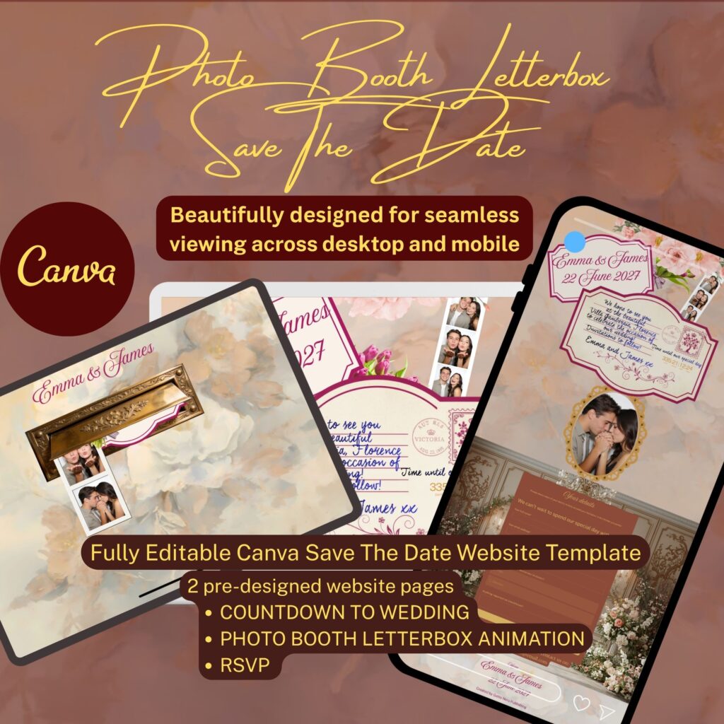 Dusty pink and peach floral photo booth save the date website Canva template
